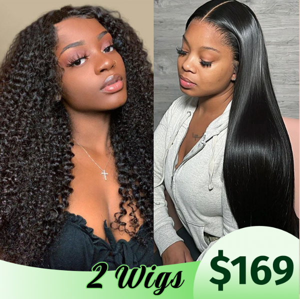 $169 Get 2 Wigs | 4C Kinky Curly Wigs 13x4 Lace Frontal Wigs Natural Color Wig + 4x4x0.75 Lace Part Wigs Silky Straight Hair Natural Color Wig Flash Sale