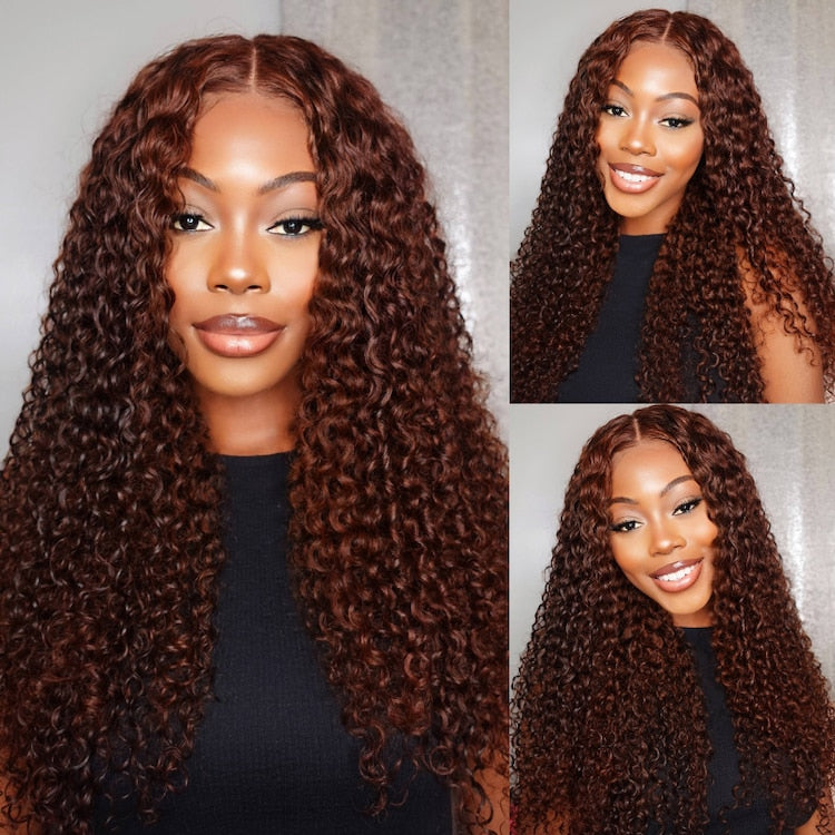 Klaiyi Reddish Brown 13x4 Pre-Everything™ Lace Frontal Wig Jerry Curly Put On and Go Glueless Wig Human Hair