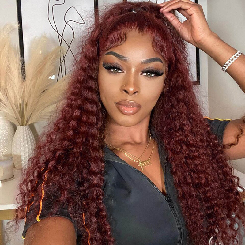 Klaiyi Pre-cut Lace Put On and Go Auburn Color Water Wave Reddish Brown Color Wigs Flash Sale