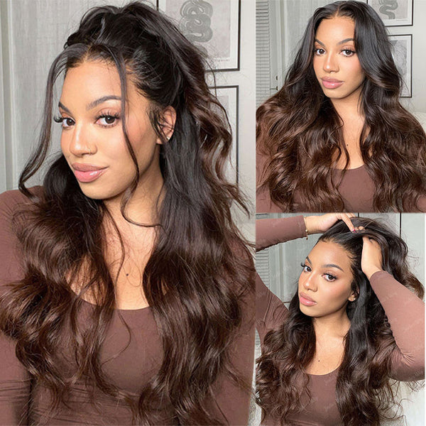 Klaiyi Bye Bye Knots Wig 7x5 Glueless Lace Black to Chestnut Brown Ombre Loose Wave Wig With Bleached Knots Flash Sale