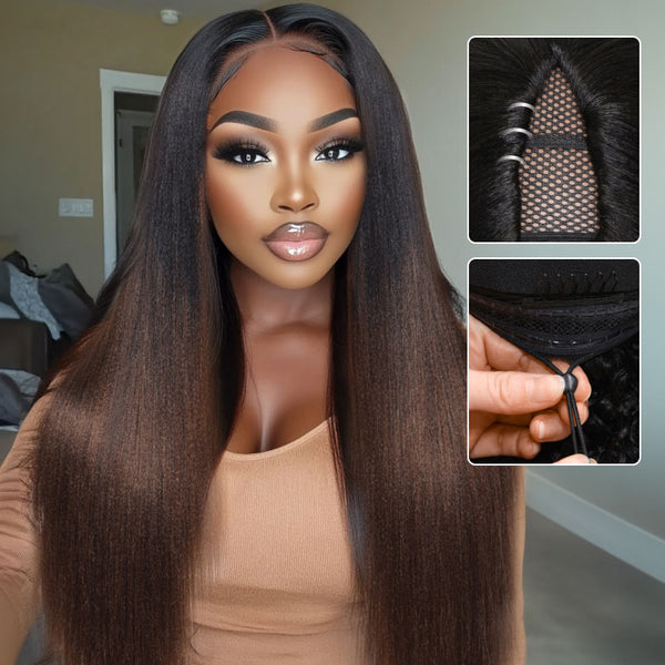 Klaiyi Yaki Straight EasiContour V Part Wigs Human Hair Ombre Chestnut Brown Color Clip in No Sew in No Glue Upgrade U Part Human Hair Wig