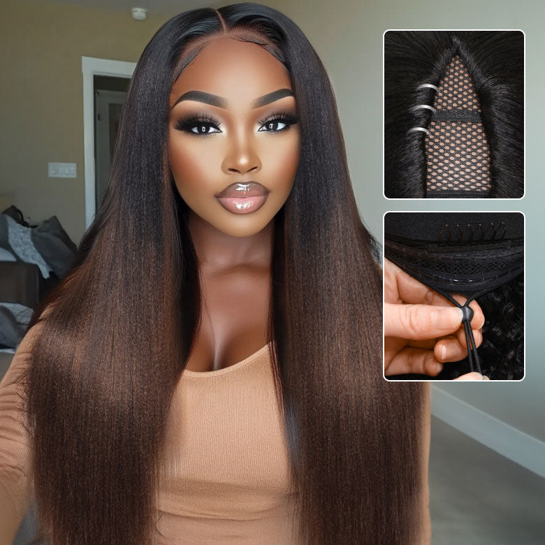 $100 OFF | Code:SAVE100 Klaiyi Ombre Chestnut Brown Color Yaki Straight EasiContour V Part Wigs Human Hair Clip in No Sew in No Glue Wig