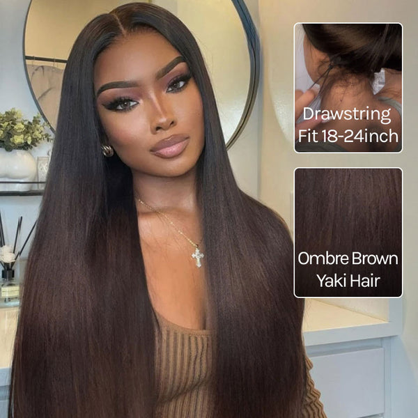 Klaiyi Yaki Straight EasiContour V Part Wigs Human Hair Ombre Chestnut Brown Color Clip in No Sew in No Glue Upgrade U Part Human Hair Wig