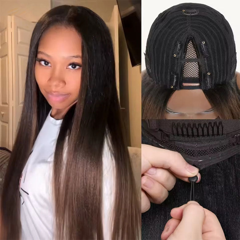 $100 OFF | Code:SAVE100 Klaiyi Ombre Chestnut Brown Color Yaki Straight EasiContour V Part Wigs Human Hair Clip in No Sew in No Glue Wig