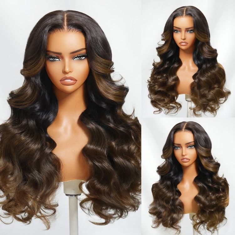 Klaiyi Bye Bye Knots Wig 7x5 Glueless Lace Black to Chestnut Brown Ombre Loose Wave Wig With Bleached Knots Flash Sale