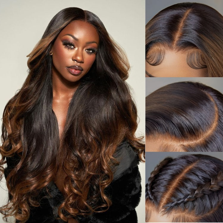 Klaiyi Bye Bye Knots Wig 7x5 Glueless Lace Black to Chestnut Brown Ombre Loose Wave Wig With Bleached Knots Flash Sale