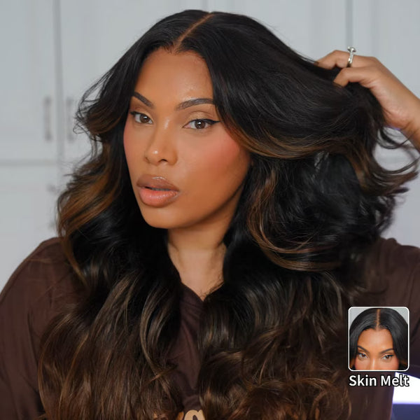 Klaiyi Bye Bye Knots Wig 7x5 Glueless Lace Black to Chestnut Brown Ombre Loose Wave Wig With Bleached Knots Flash Sale