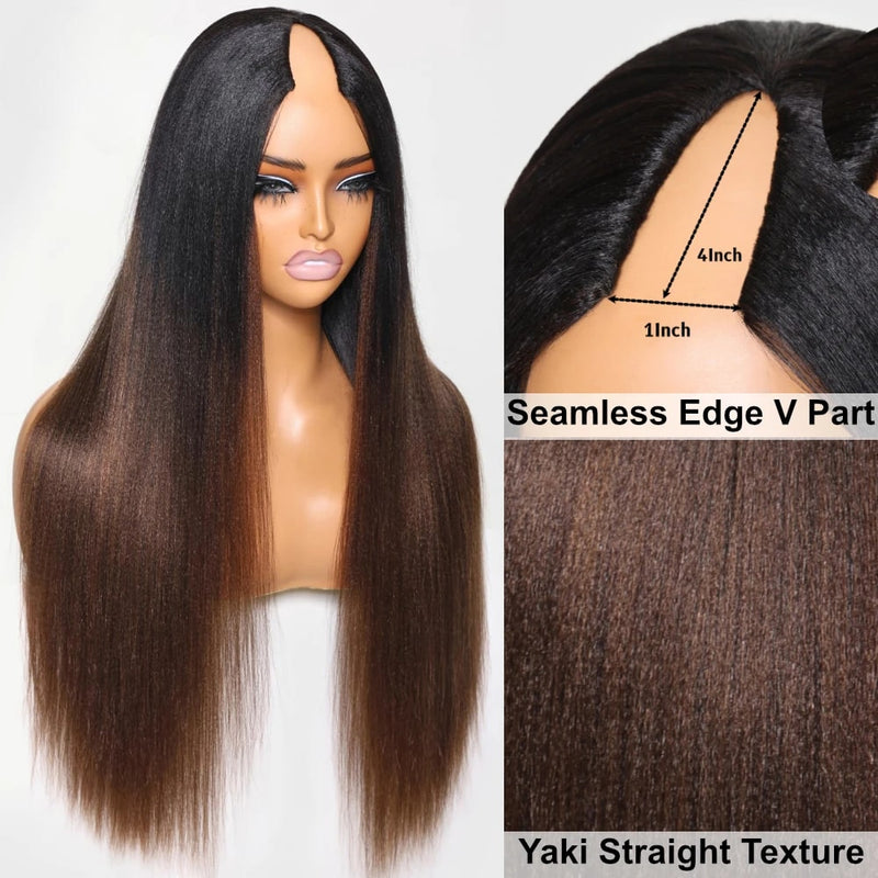 Extra 60% OFF | Klaiyi Ombre Chestnut Brown Yaki Straight EasiContour V Part Wigs Human Hair Clip in Upgrade U Part Human Hair Wig