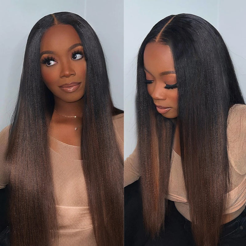 Klaiyi Yaki Straight EasiContour V Part Wigs Human Hair Ombre Chestnut Brown Color Clip in No Sew in No Glue Upgrade U Part Human Hair Wig