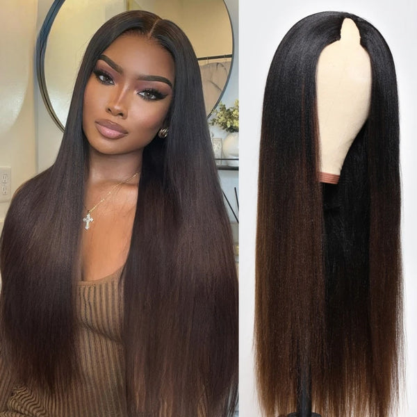 Extra 60% OFF | Klaiyi Ombre Chestnut Brown Yaki Straight EasiContour V Part Wigs Human Hair Clip in Upgrade U Part Human Hair Wig