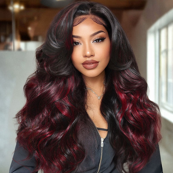 Klaiyi Burgundy Highlights Wig with Face Framing Layers  7x5 Bye-Bye Knots Loose Wave Lace Wig Human Hair