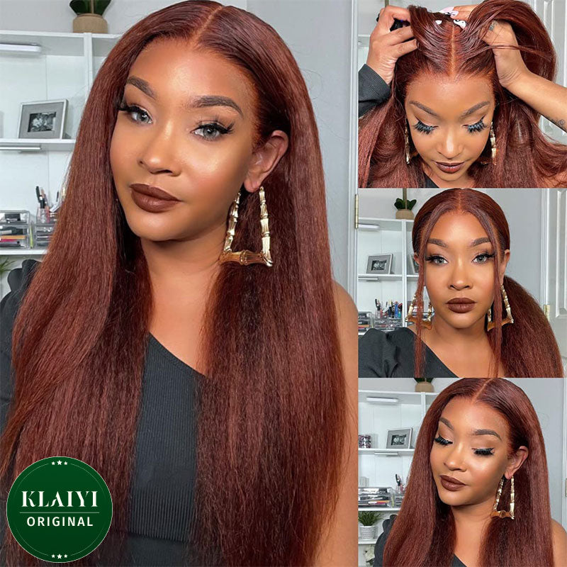 Klaiyi Reddish Brown Yaki Straight  Sporty Wear Go Wig 7x5 Put On and Go Glueless Lace Wigs Flash Sale