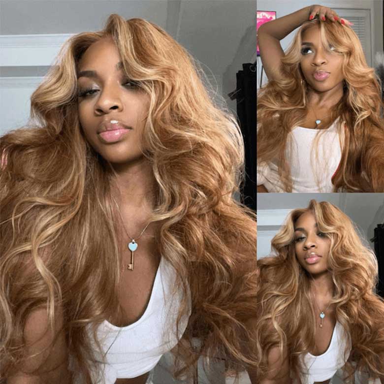 Klaiyi Pre-Cut Glueless Wig Put On and Go Highlight Blonde Body Wave Wig Human Hair