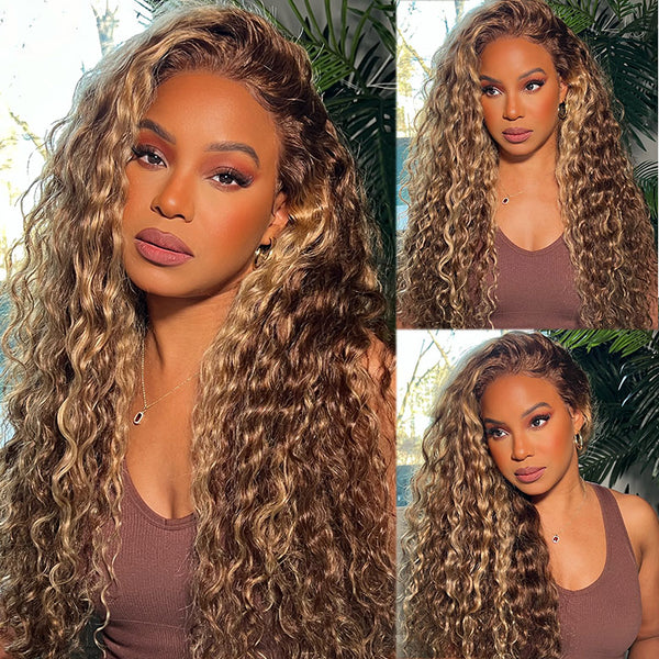 Klaiyi Highlight Blonde Water Wave Put On and Go Glueless Lace Wigs 7x5 Bye Bye Knots Human Hair Lace Wig