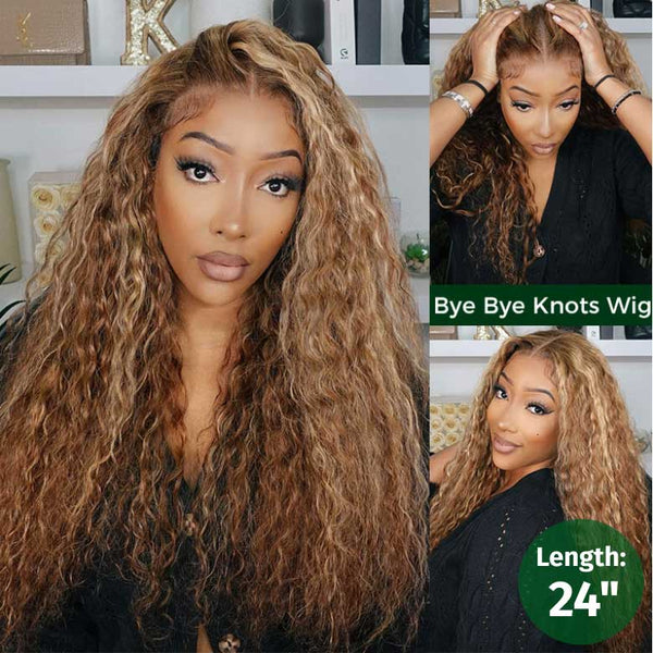 Klaiyi 80% Off Super Sale Honey Blonde Highlight Water Wave Bob Wig 7x5 Bye Bye Knots Put On and Go Wigs Flash Sale