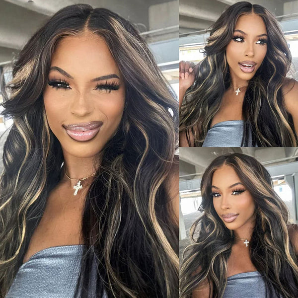 Extra 60% OFF | Klaiyi Natural Color With Peek A Boo Blonde Highlights 7x5 Glueless Lace Put On and Go Pre-cut Lace Body Wave Wig