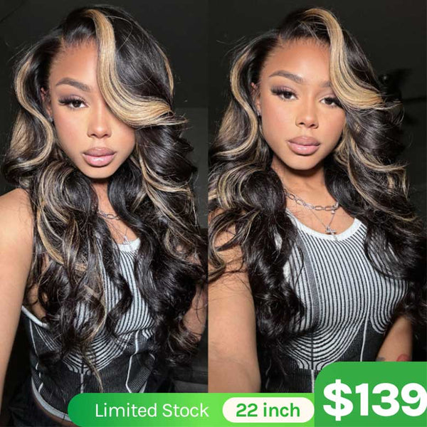 Klaiyi 7x5 Glueless Lace Put On and Go Pre-cut Lace  Natural Color With Peek A Boo Blonde Highlights Body Wave Wig Flash Sale