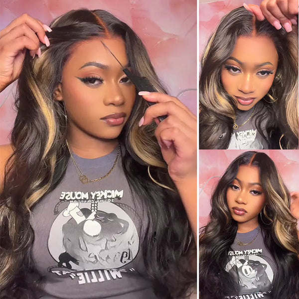 Klaiyi 7x5 Glueless Lace Put On and Go Pre-cut Lace  Natural Color With Peek A Boo Blonde Highlights Body Wave Wig Flash Sale