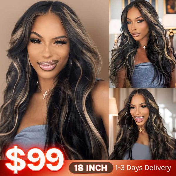 Klaiyi 7x5 Glueless Lace Put On and Go Pre-cut Lace  Natural Color With Peek A Boo Blonde Highlights Body Wave Wig Flash Sale