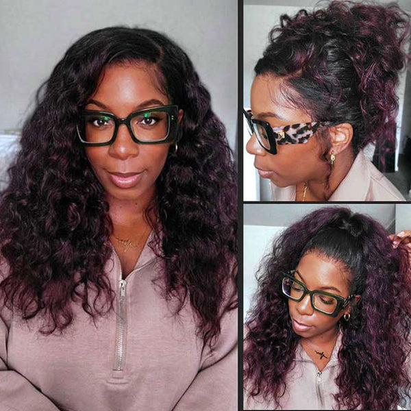 Klaiyi Dark Plum Color 13x4 Water Wave Pre-Everything™ Lace Frontal Wig with Dark Roots Glueless Wig