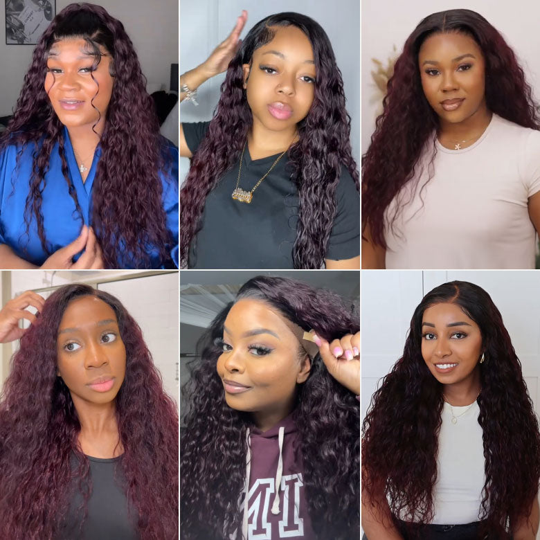 Klaiyi Dark Plum Color 13x4 Water Wave Pre-Everything™ Lace Frontal Wig with Dark Roots Glueless Wig