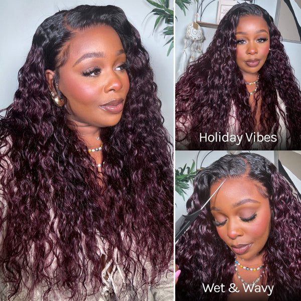 Klaiyi Dark Plum Color 13x4 Water Wave Pre-Everything™ Lace Frontal Wig with Dark Roots Glueless Wig