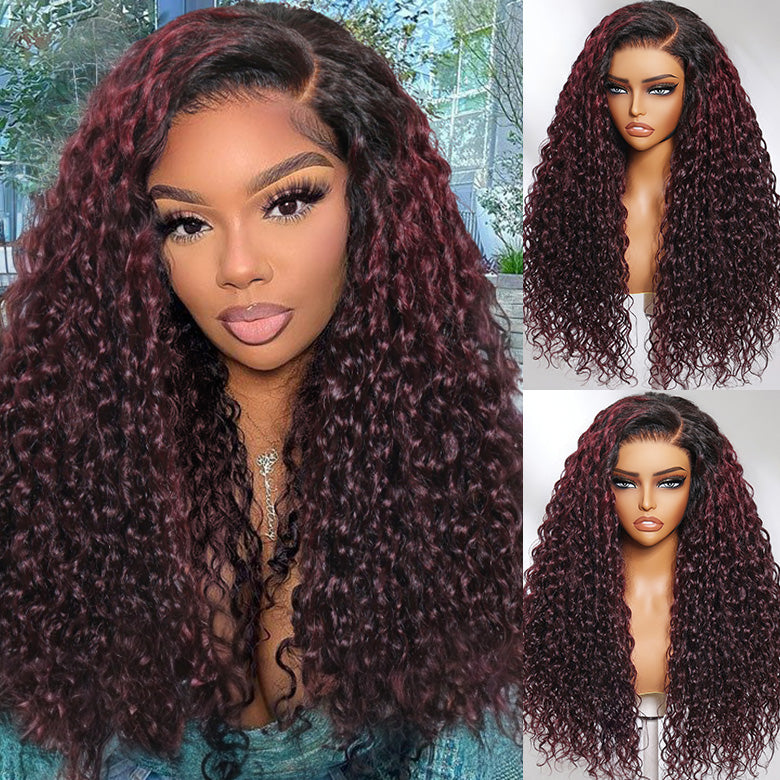 Klaiyi Dark Plum Color 13x4 Water Wave Pre-Everything™ Lace Frontal Wig with Dark Roots Glueless Wig