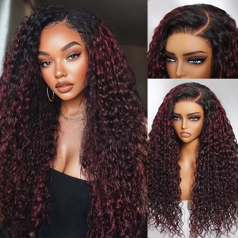 $100 OFF| Code: SAVE100 Klaiyi Dark Plum Color 13x4 Water Wave Pre-Everything™ Lace Frontal Wig with Dark Roots Glueless Wig