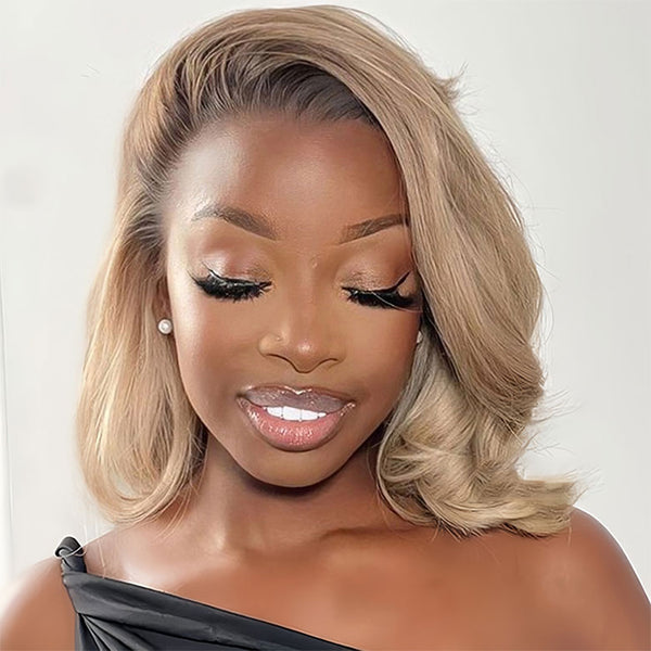 Klaiyi Tres Leches Blonde with Brown Root Bob Wigs Short Straight Bye-Bye Knots Wig Flash Sale