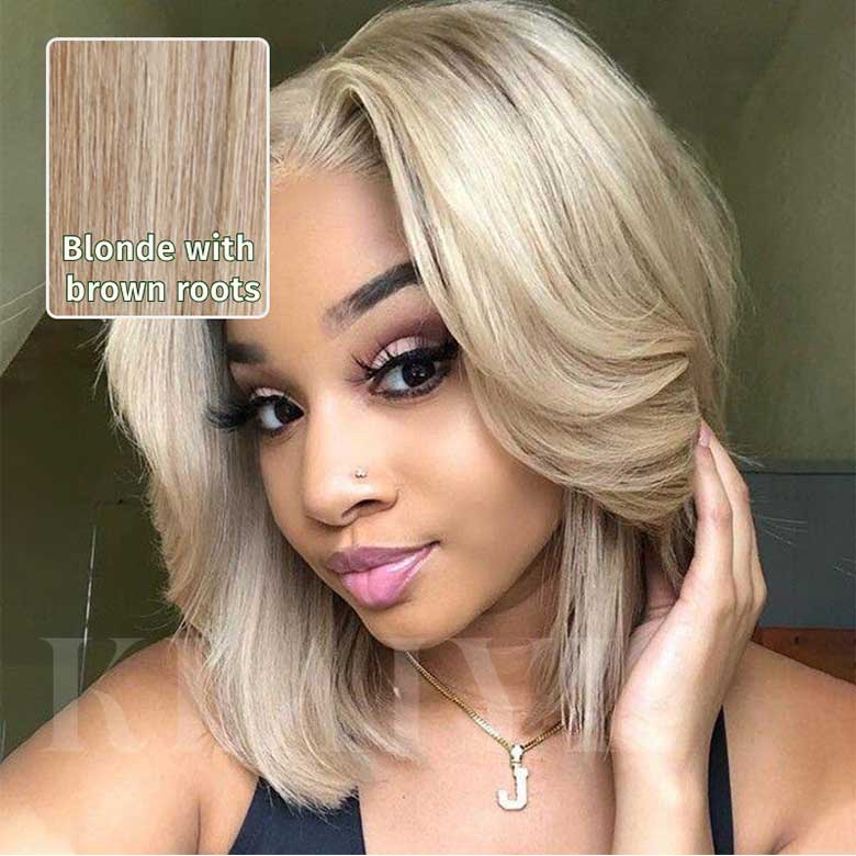 Klaiyi Tres Leches Blonde with Brown Root Bob Wigs Short Straight Bye-Bye Knots Wig Flash Sale