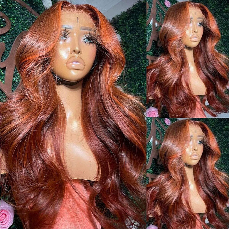 Klaiyi Red Orange Highlights Wig with Face Framing Layers 7x5 Bye-Bye Knots Loose Wave Wig Human Hair