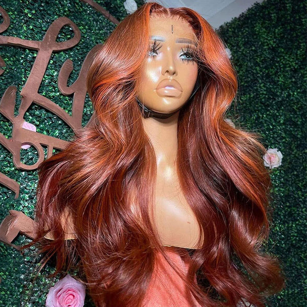 Klaiyi Red Orange Highlights Wig with Face Framing Layers 7x5 Bye-Bye Knots Loose Wave Wig Human Hair