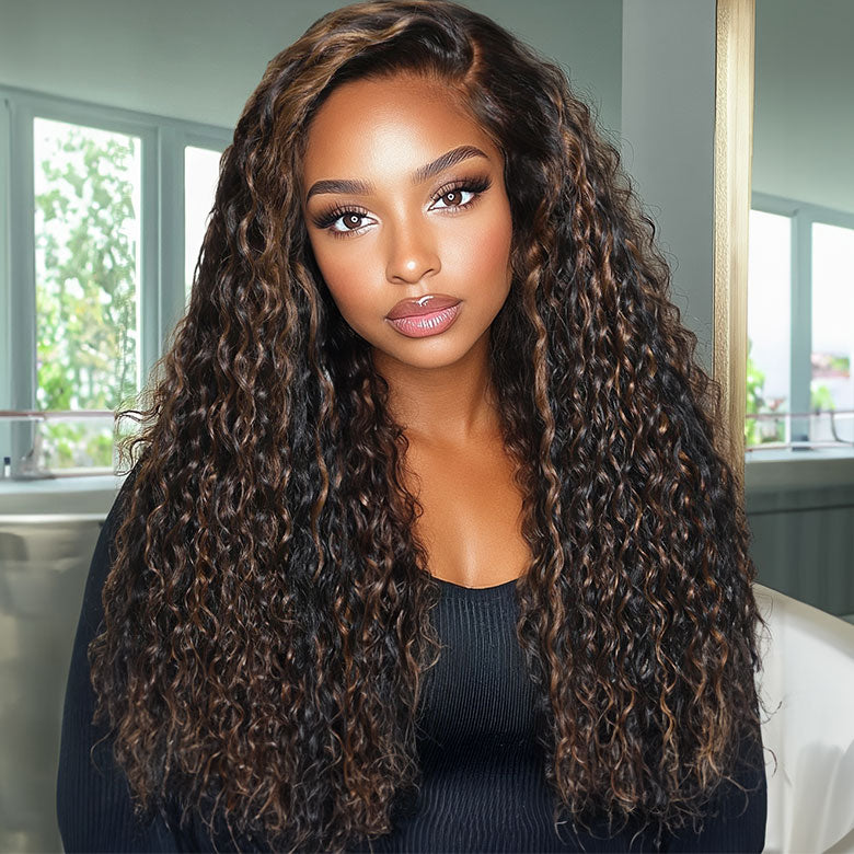 Klaiyi 7x5 Golden Brown Highlight Water Wave Bye Bye Knots Lace Closure Wig 150% Density