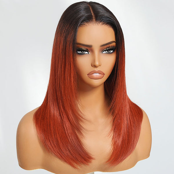 Klaiyi Burnt Orange Color 7x5 Bye Bye Knots Wig 180% Layered Cut Straight Wig