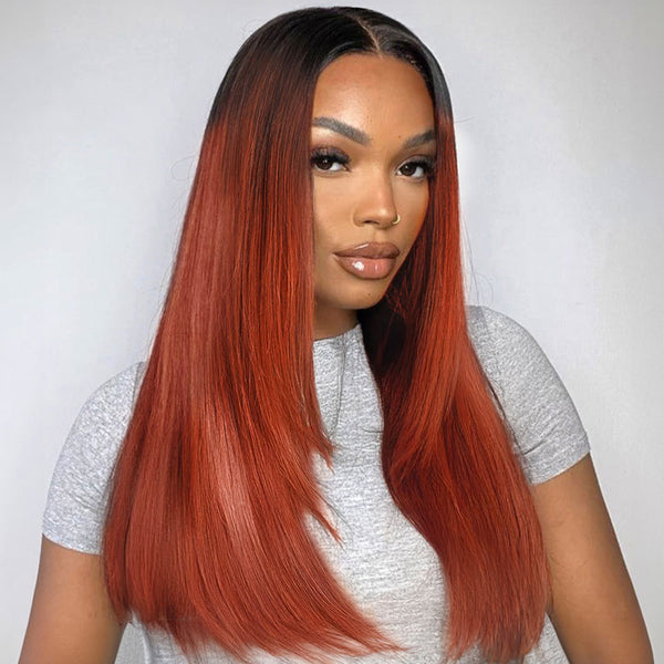 Klaiyi Burnt Orange Color 7x5 Bye Bye Knots Wig 180% Layered Cut Straight Wig