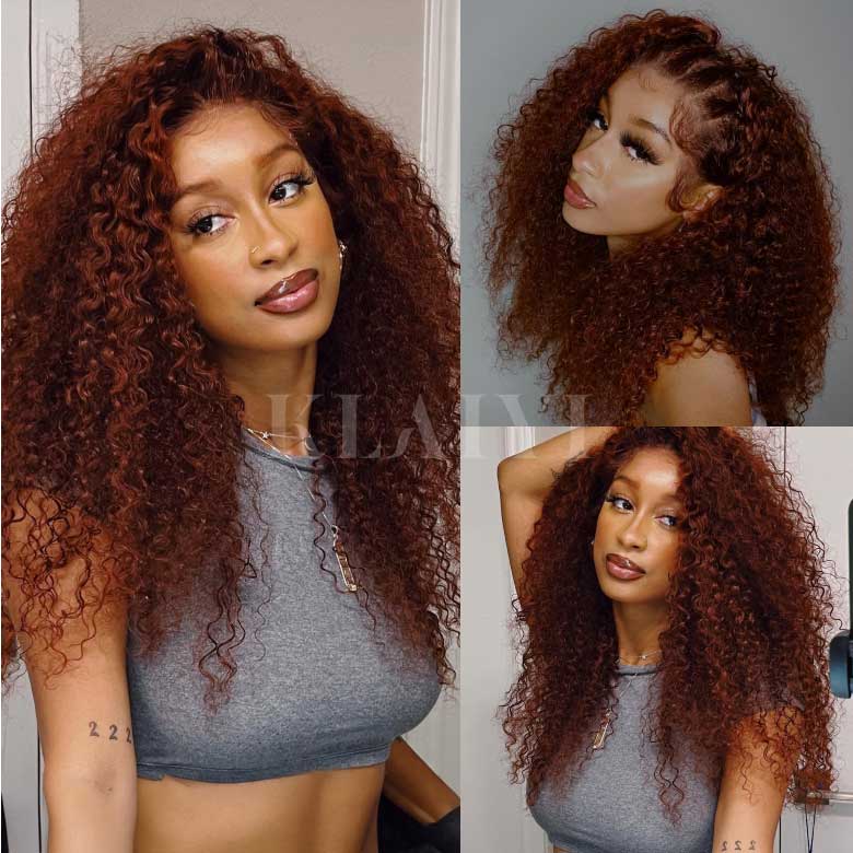 Klaiyi Pre-Cut Lace Wig Put On and Go Wigs Reddish Brown Jerry Curly Lace Closure Wig Beginner Wig