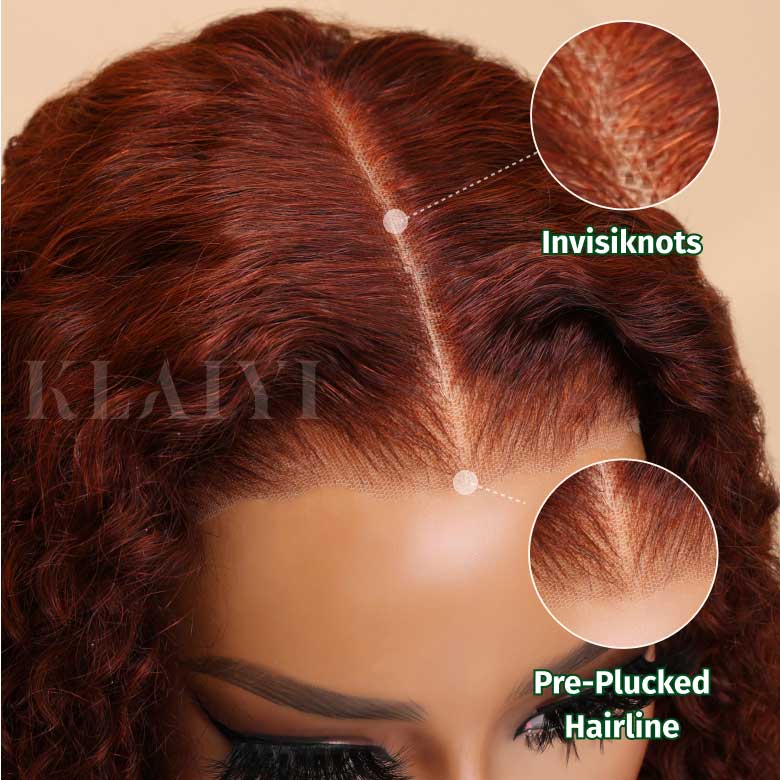 Klaiyi Pre-Cut Lace Wig Put On and Go Wigs Reddish Brown Jerry Curly Lace Closure Wig Beginner Wig