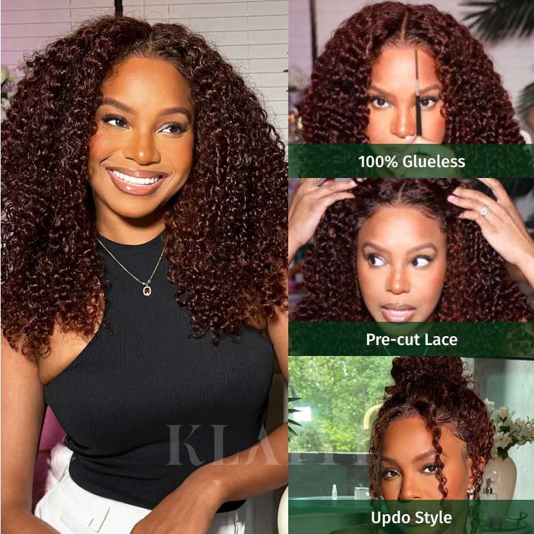 Klaiyi Pre-Cut Lace Wig Put On and Go Wigs Reddish Brown Jerry Curly Lace Closure Wig Beginner Wig