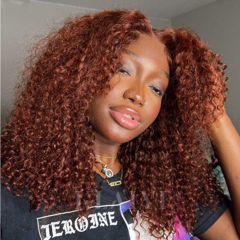 Klaiyi Pre-Cut Lace Wig Put On and Go Wigs Reddish Brown Jerry Curly Lace Closure Wig Beginner Wig