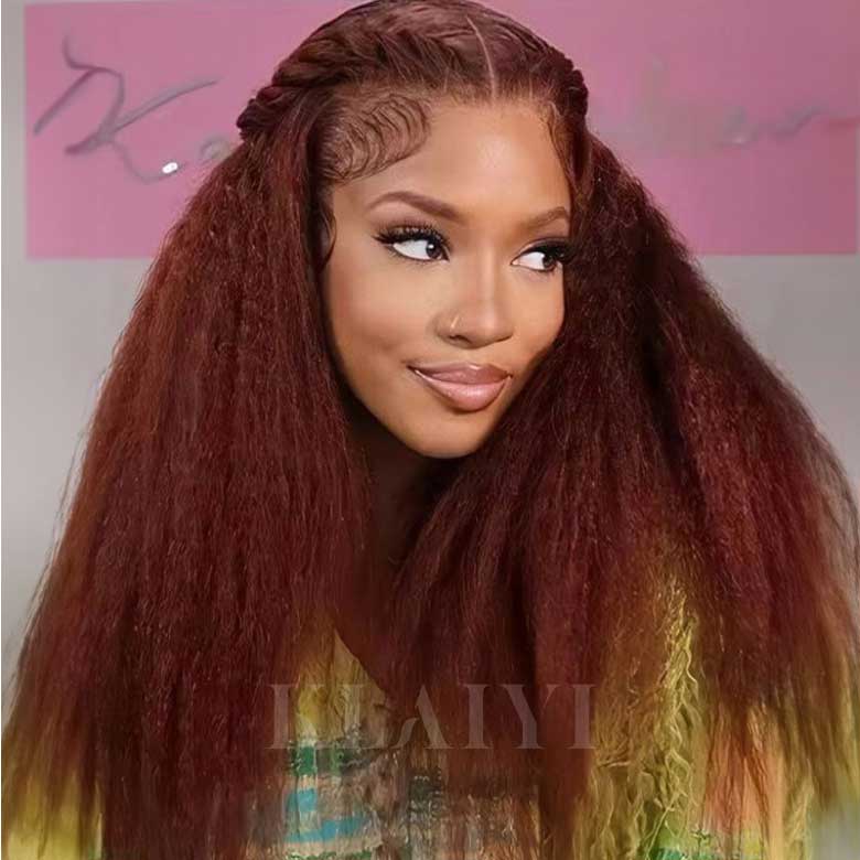 Klaiyi 7x5 Bye Bye Knots Reddish Brown Yaki Straight Wig Put On and Go Glueless Lace Wigs Human Hair