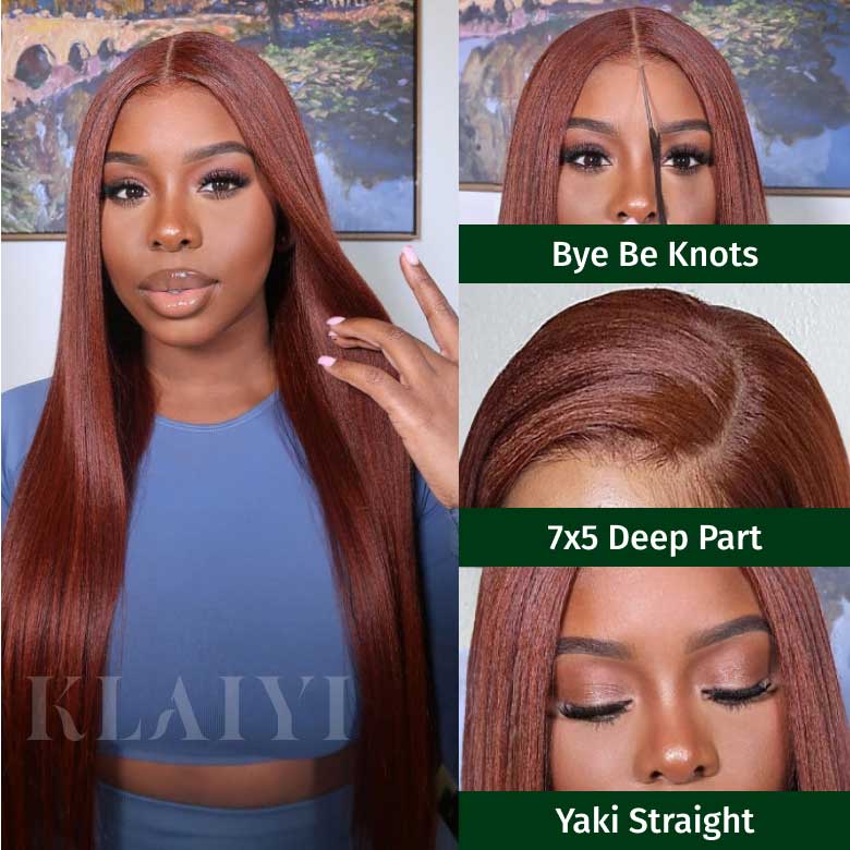 Klaiyi 7x5 Bye Bye Knots Reddish Brown Yaki Straight Wig Put On and Go Glueless Lace Wigs Human Hair