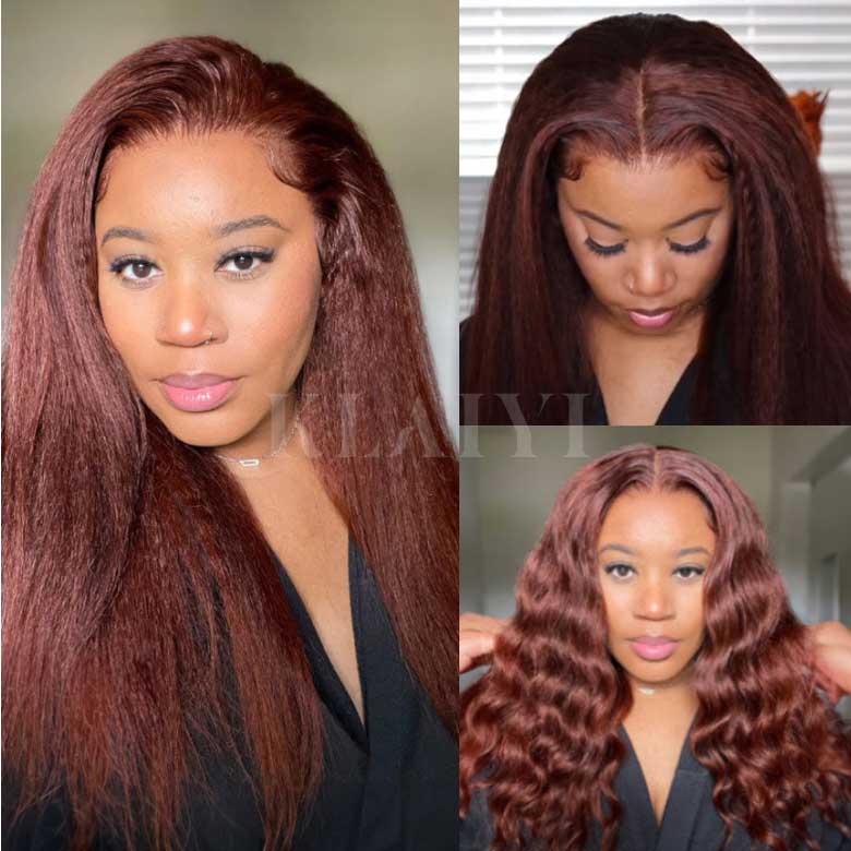 Klaiyi 7x5 Bye Bye Knots Reddish Brown Yaki Straight Wig Put On and Go Glueless Lace Wigs Human Hair