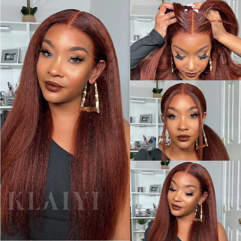 Klaiyi 7x5 Bye Bye Knots Reddish Brown Yaki Straight Wig Put On and Go Glueless Lace Wigs Human Hair