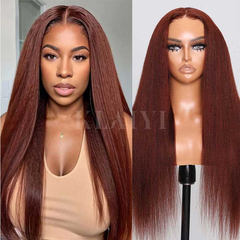 Klaiyi 7x5 Bye Bye Knots Reddish Brown Yaki Straight Wig Put On and Go Glueless Lace Wigs Human Hair