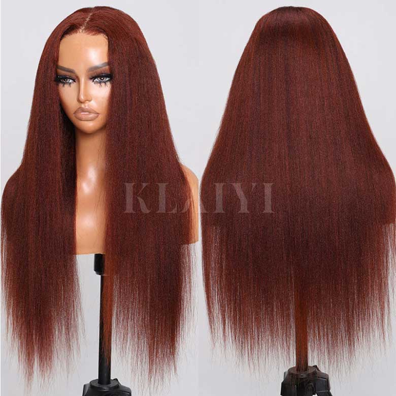 Klaiyi 7x5 Bye Bye Knots Reddish Brown Yaki Straight Wig Put On and Go Glueless Lace Wigs Human Hair