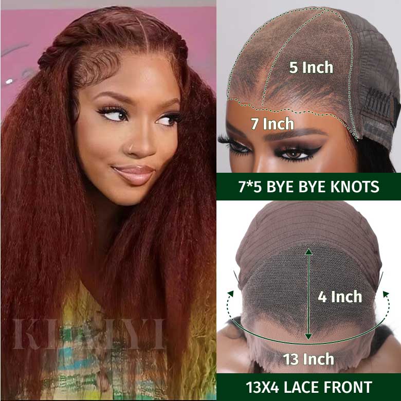 Klaiyi 7x5 Bye Bye Knots Reddish Brown Yaki Straight Wig Put On and Go Glueless Lace Wigs Human Hair