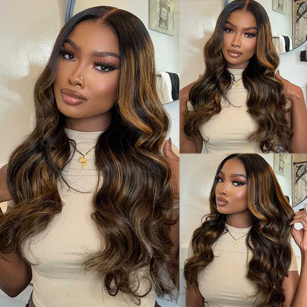 Klaiyi Ombre Brown Balayage Highlight Body Wave 7x5 Bye Bye Knots Wig Precolored Human Hair Lace Wig