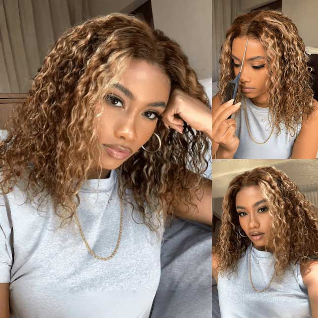 Klaiyi 80% Off Super Sale Honey Blonde Highlight Water Wave Bob Wig 7x5 Bye Bye Knots Put On and Go Wigs Flash Sale