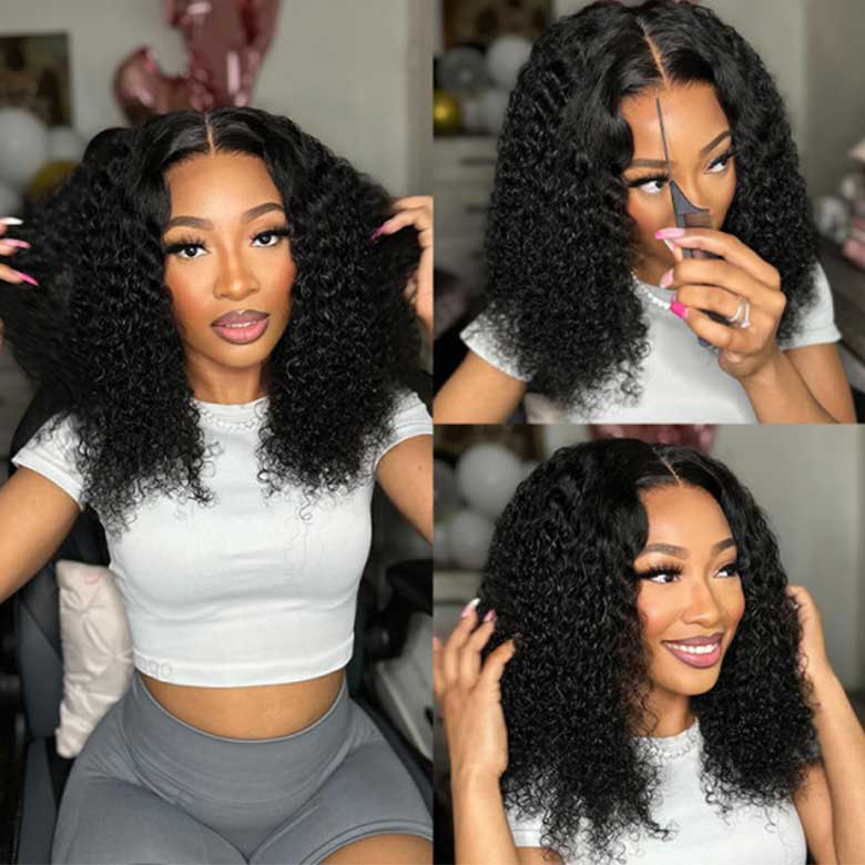 Klaiyi Put On and Go 7x5 Bye Bye Knots Pre-cut Glueless Lace Wig Natural Color Kinky Curly Human Hair