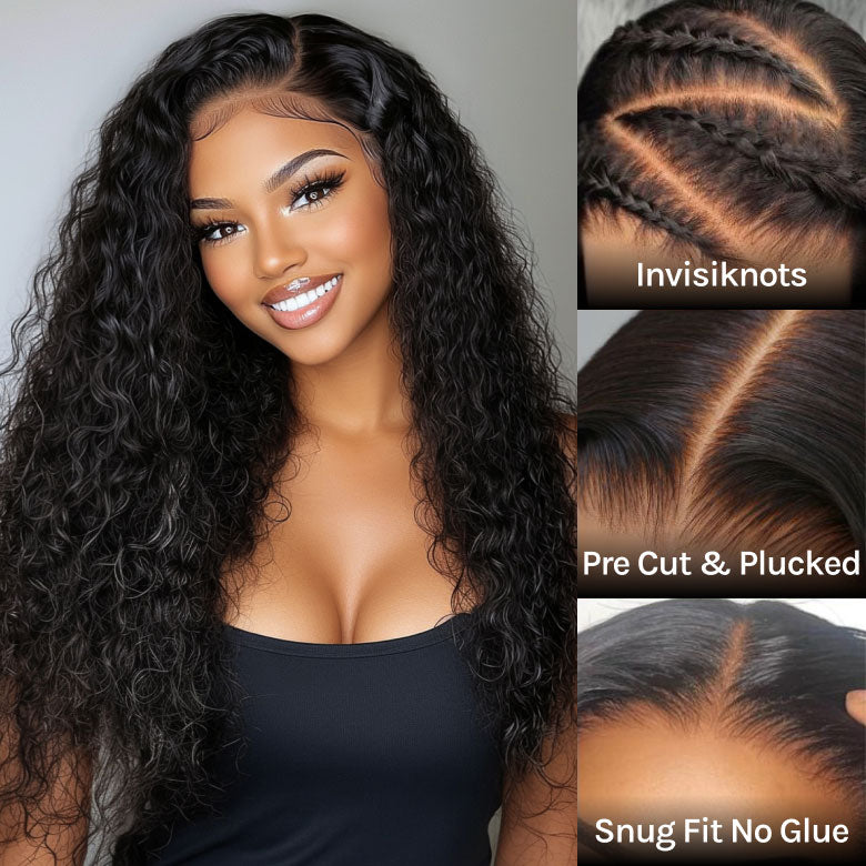 Flash Sale Klaiyi 7x5 Bye Bye Knots Pre-cut Lace Put On and Go Glueless Wig Water Wave Human Hair Wigs